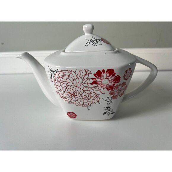 Target Other - Large White Ceramic Teapot Tea Pot Kettle White Red Black Mums Flowers Gifts